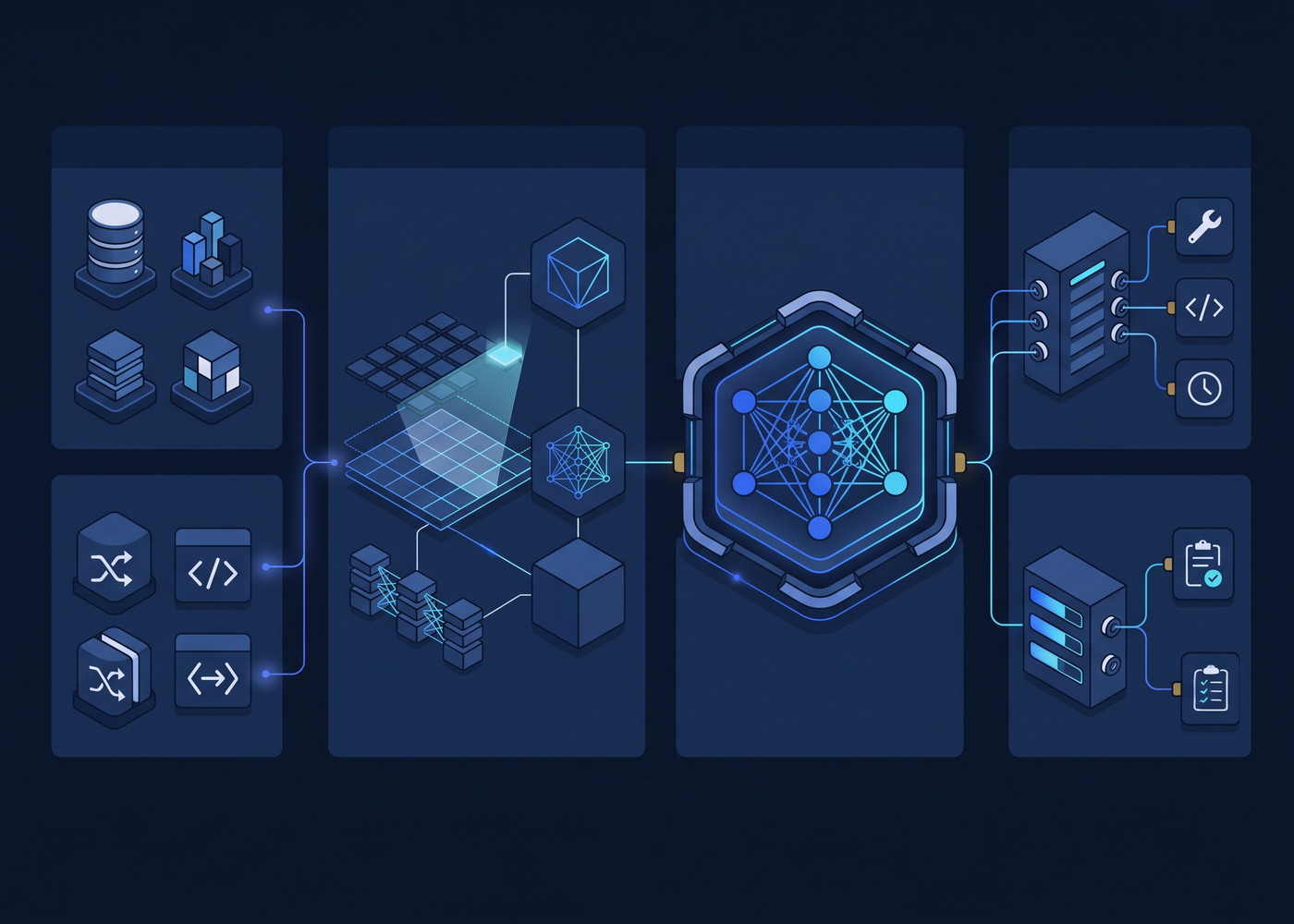 Abstract AI orchestration pipeline showing business data, retrieval, LLM reasoning, tool calling, and workflow actions