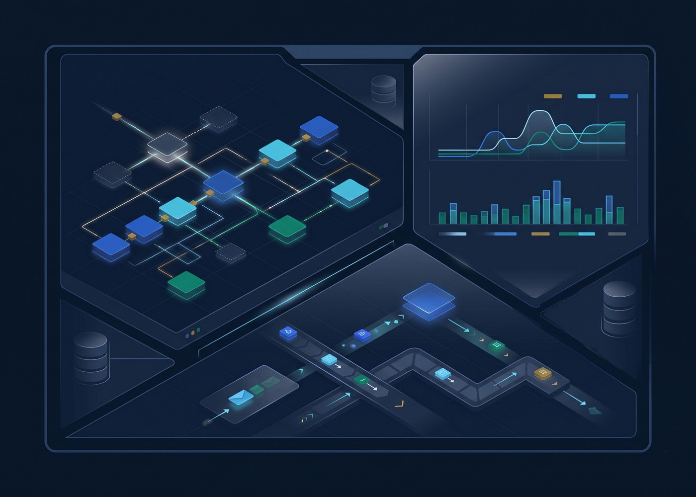 Abstract command center visualization showing APIs, events, metrics, and production service signals