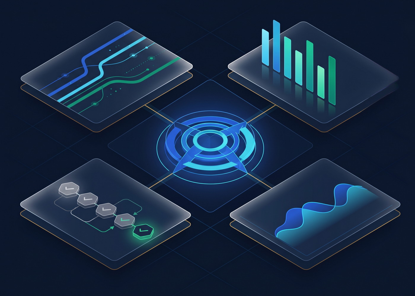 Abstract production reliability visualization showing traces, messaging, deployment checks, and SQL performance